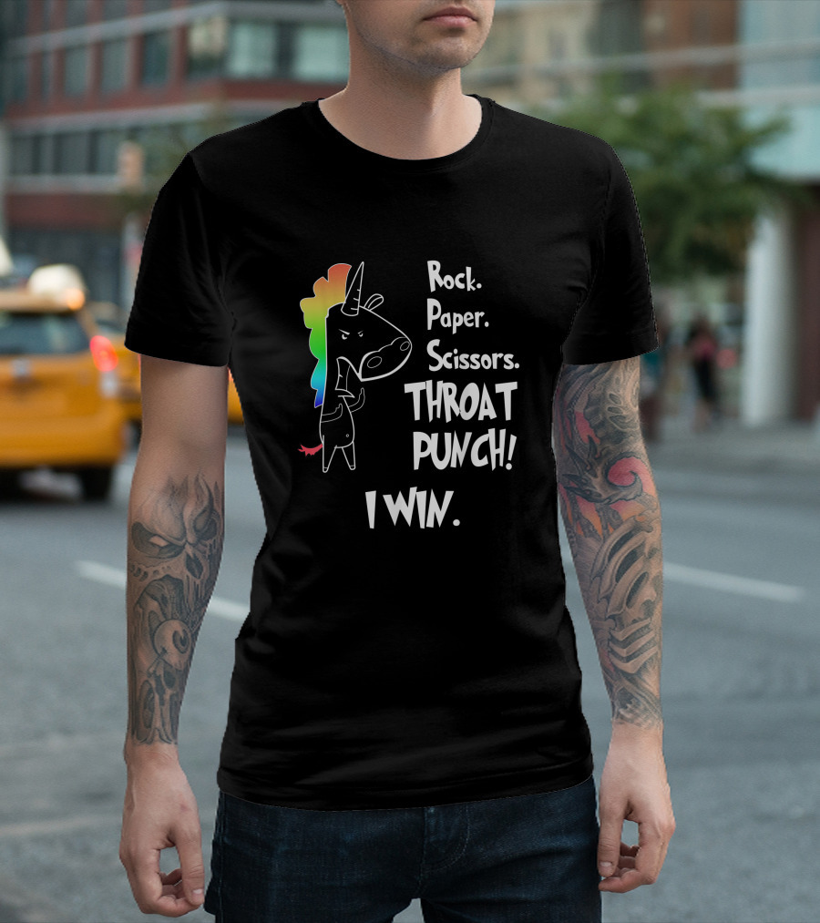 Rock Paper Scissors Throat Punch I Win Angry Rainbow Unicorn T-Shirt