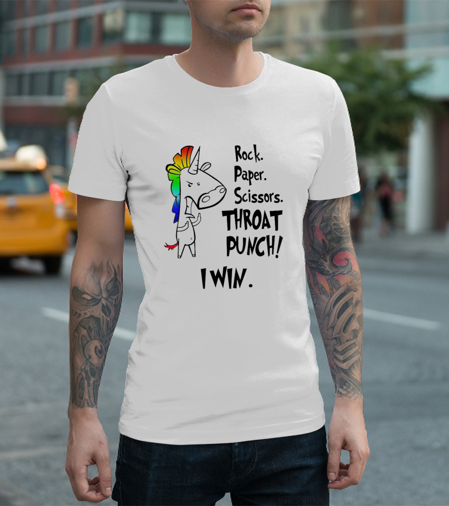 Rock Paper Scissors Throat Punch I Win Angry Unicorn Rainbow Mane T-Shirt