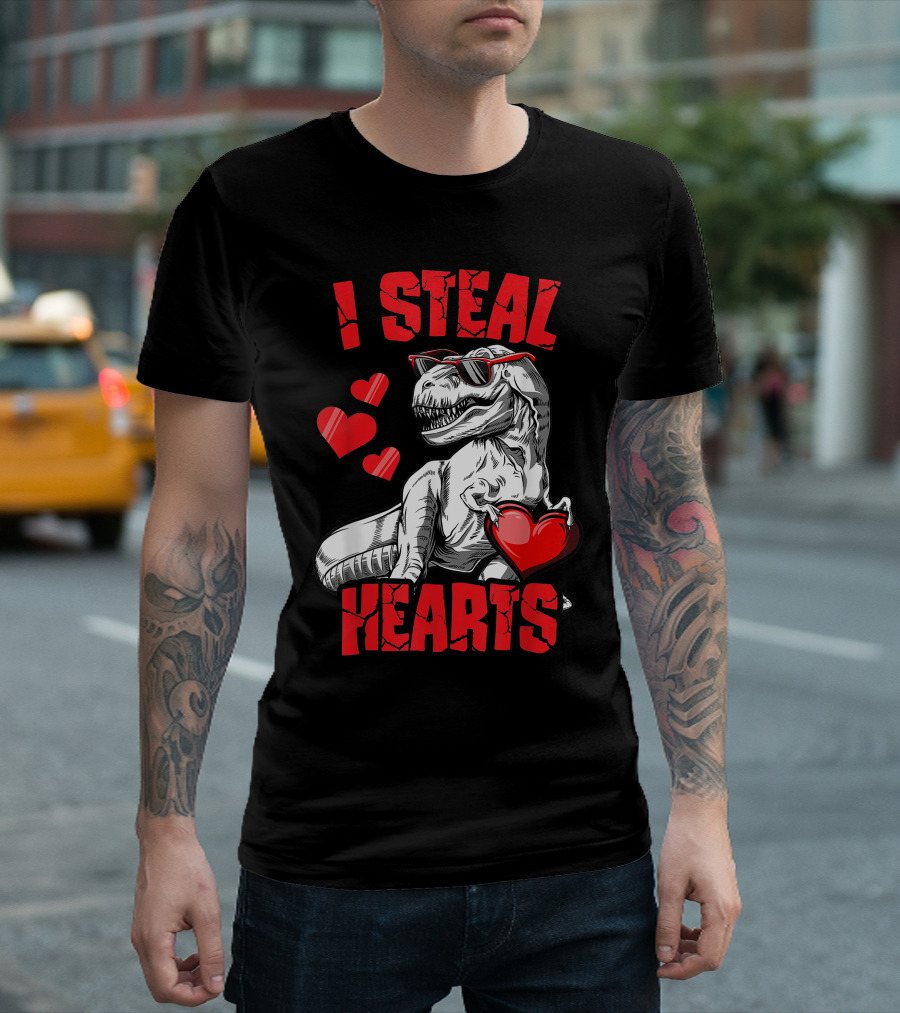 Valentines Day Kids Dinosaur T-Rex Lover I Steal Hearts T-Shirt