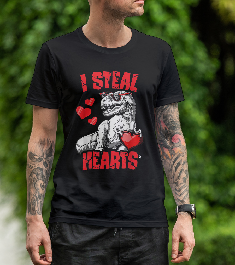 Valentines Day Kids Dinosaur T-Rex Lover I Steal Hearts T-Shirt