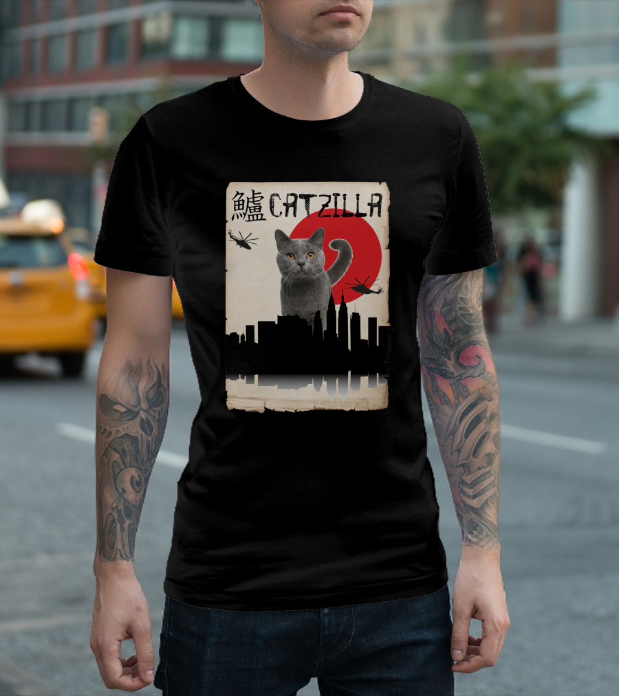 Catzilla Japanese Monster Cat Red Sun Helicopters City Skyline T-Shirt