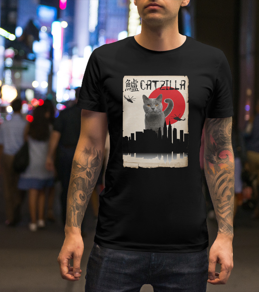 Catzilla Japanese Monster Cat Red Sun Helicopters City Skyline T-Shirt