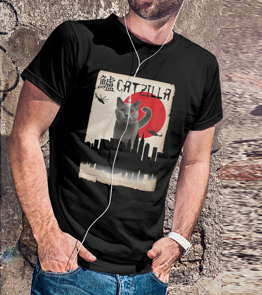 Catzilla Japanese Monster Cat Red Sun Helicopters City Skyline T-Shirt