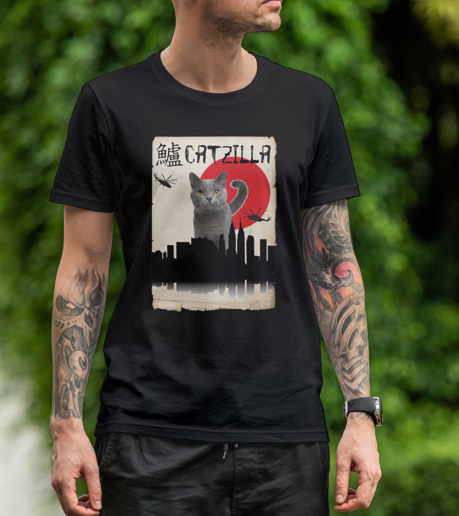Catzilla Japanese Monster Cat Red Sun Helicopters City Skyline T-Shirt
