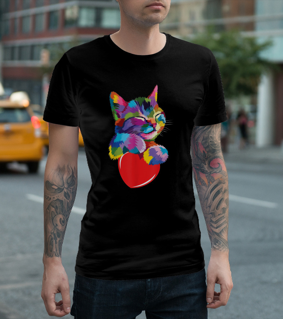 Colorful Cat Hugging Red Heart Cat Lover T-Shirt