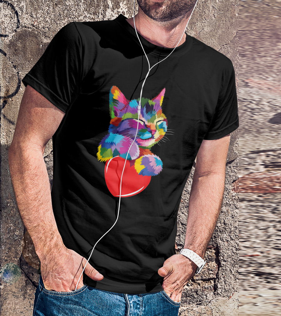 Colorful Cat Hugging Red Heart Cat Lover T-Shirt