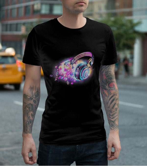 LED Sound Activated Glow DJ Headphones Neon Lights Music Vibes T-Shirt