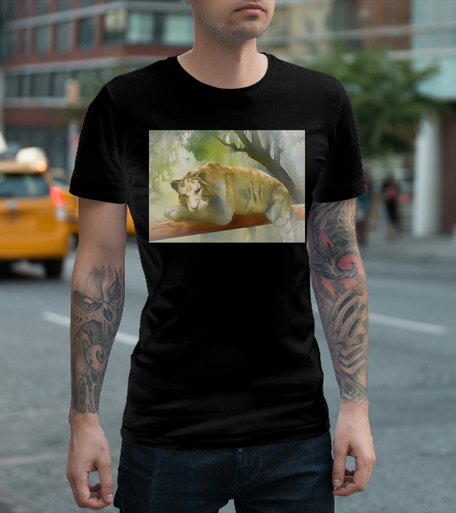 Chilling Tiger Resting on a Tree Branch in a Serene Forest Setting T-Shirt