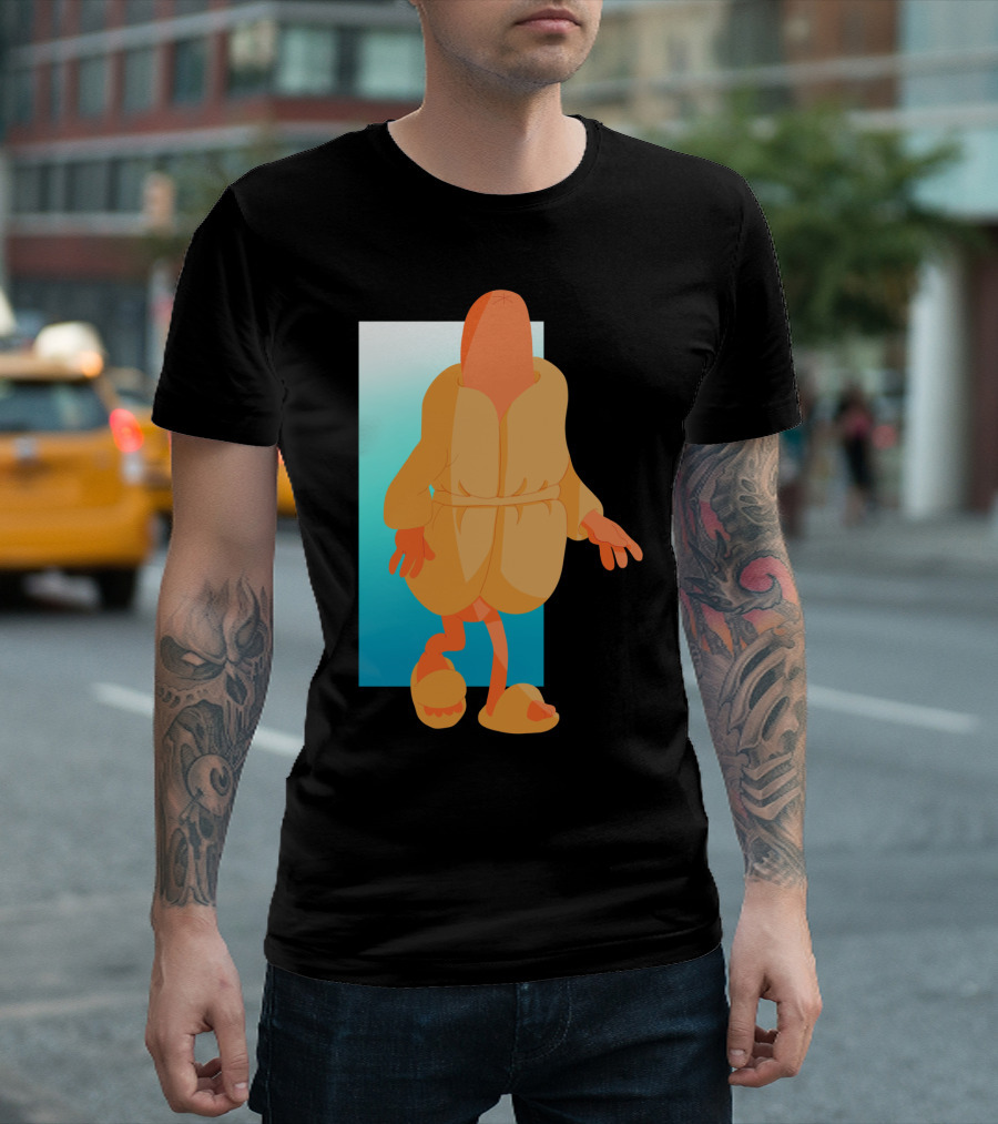 Hot Dog Lounge Cozy Cartoon Character In Bathrobe And Slippers T-Shirt
