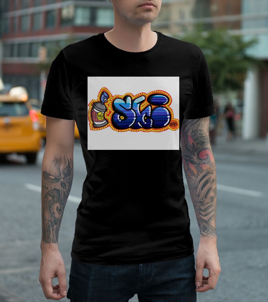 Blue Ski Graffiti Style Bubbles with Spray Can T-Shirt