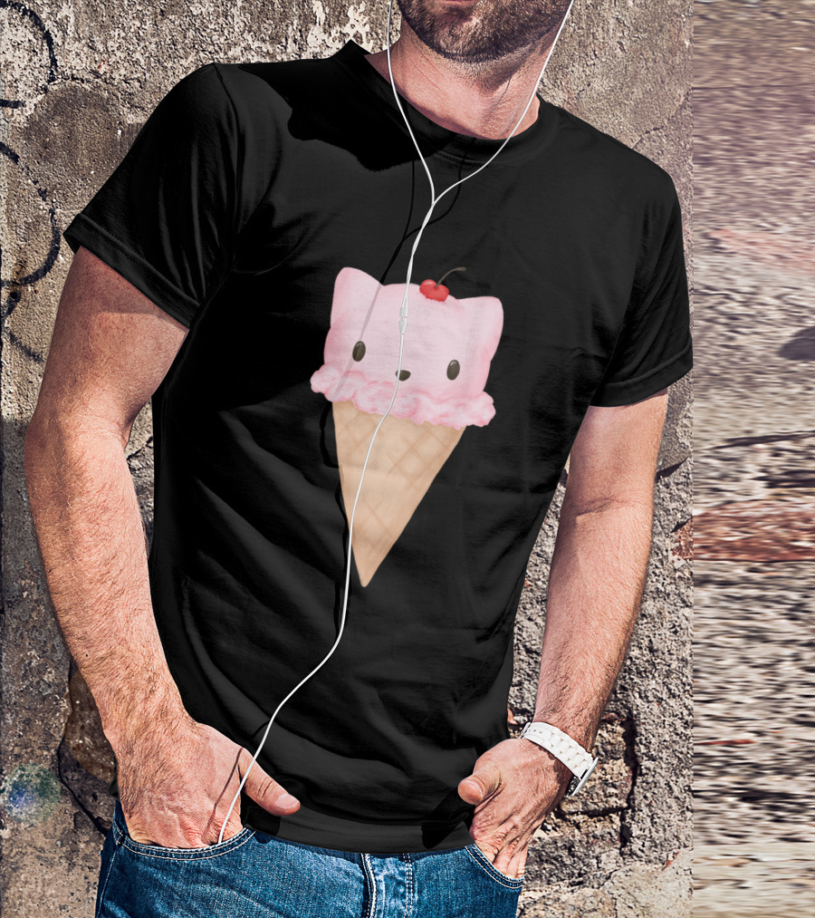 Cat Cream Cone With Cherry Topped Kitty Face T-Shirt