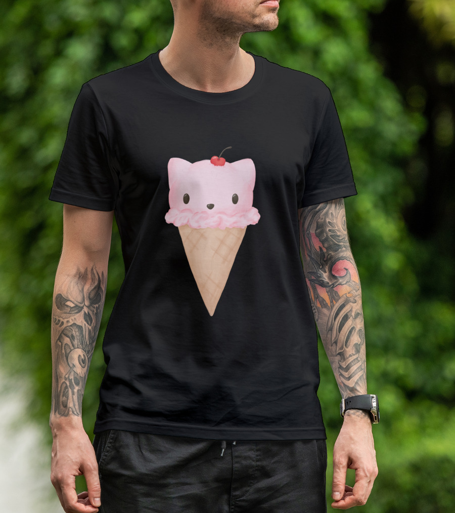 Cat Cream Cone With Cherry Topped Kitty Face T-Shirt