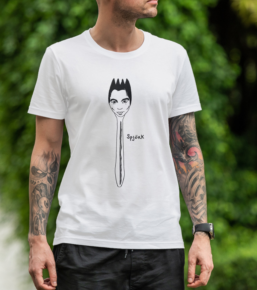 Bjork-Inspired Spjork Black And White Illustration With Unique Fork Face T-Shirt
