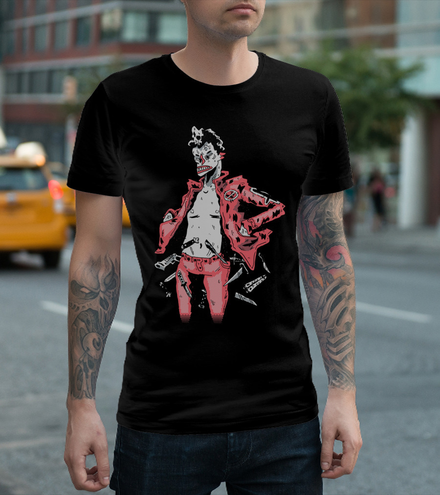 Rebel Zombie Punk Skeleton With Rockabilly Knife Spikes And Red Torn Jacket T-Shirt