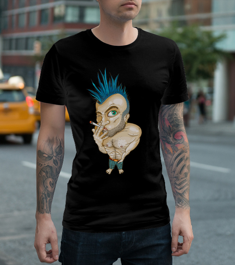 Blue Mohawk Punk with Cigarette and Earring in Hand-Drawn Cartoon T-Shirt