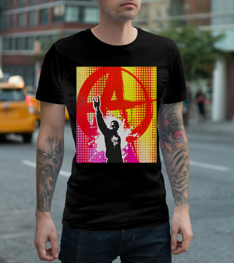 Punk Anarchy Symbol with Raised Hand Gesture and Vibrant Dot Background T-Shirt