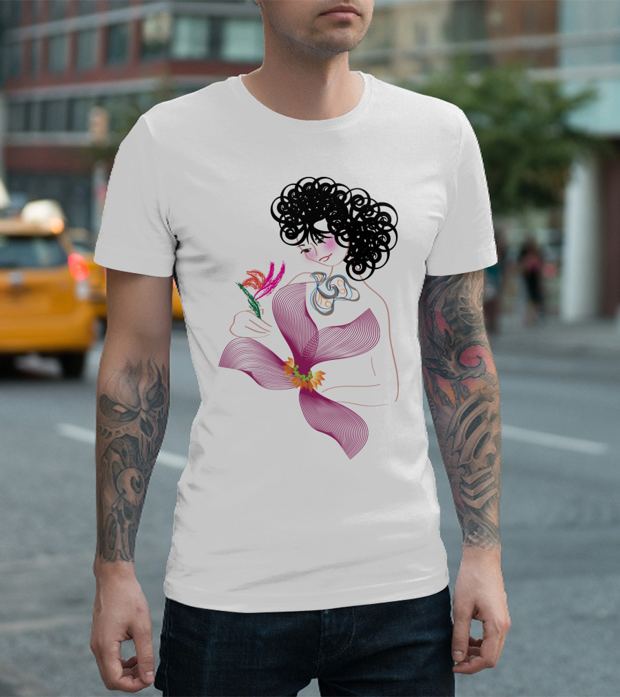 A Bird in the Hand with Flower and Abstract Curly-Tailed T-Shirt