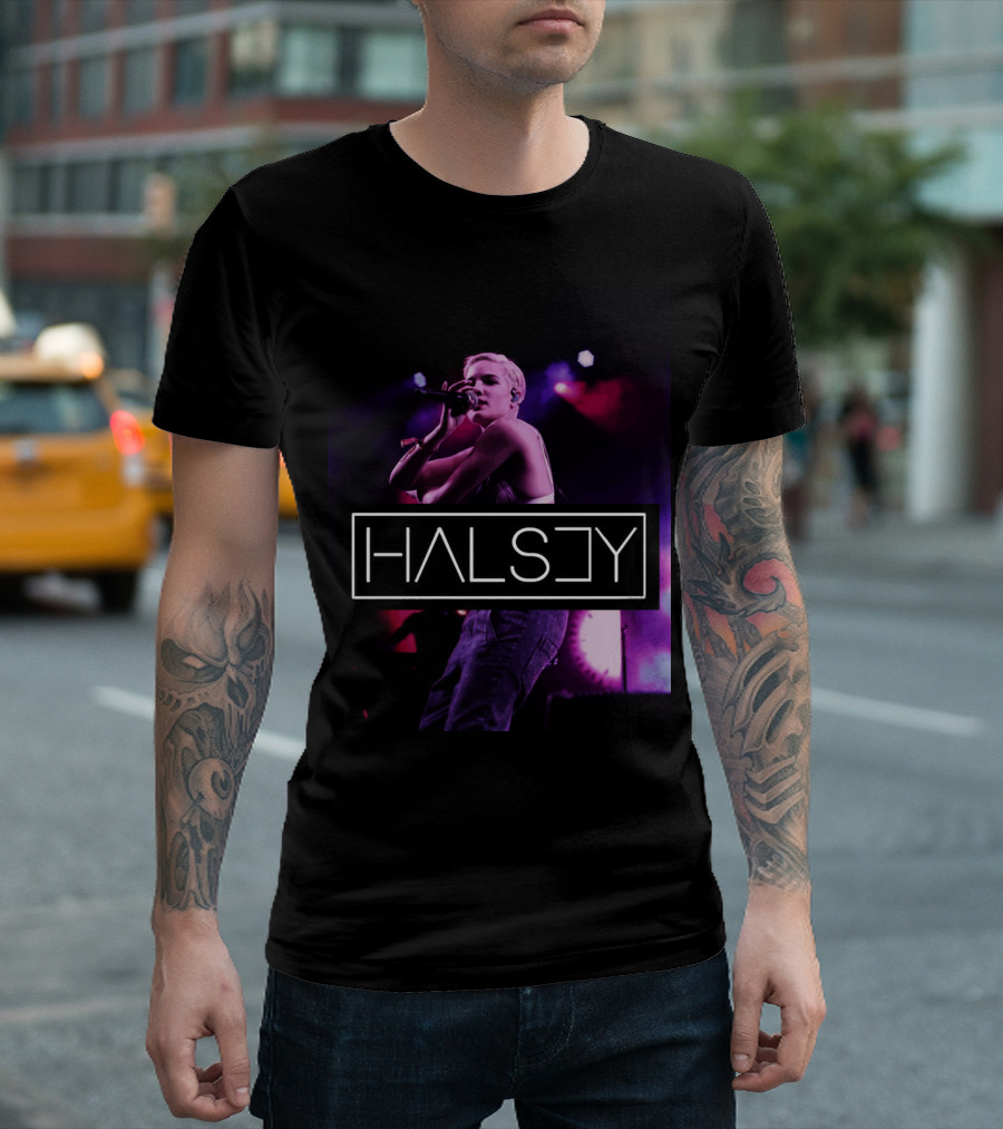 Halsey Performing with Bold Logo Design and Atmospheric Lighting T-Shirt