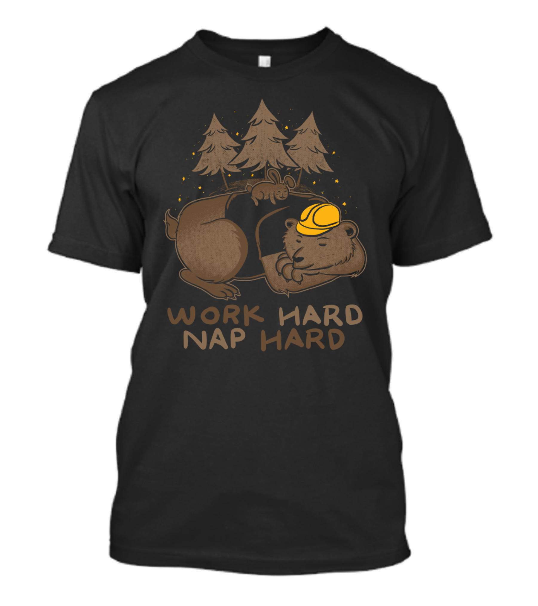 Work Hard Nap Hard Bear In Hard Hat With Forest And Bunny T-Shirt