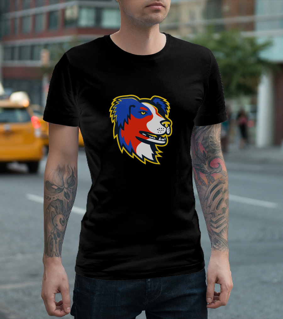Australian Shepherd Dog Mascot in Red Blue White Sports T-Shirt