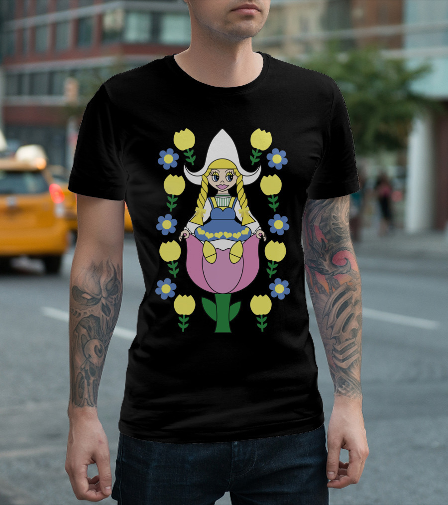 Sitting in the Tulips Dutch Doll in Traditional Dress Surrounded by Flowers T-Shirt
