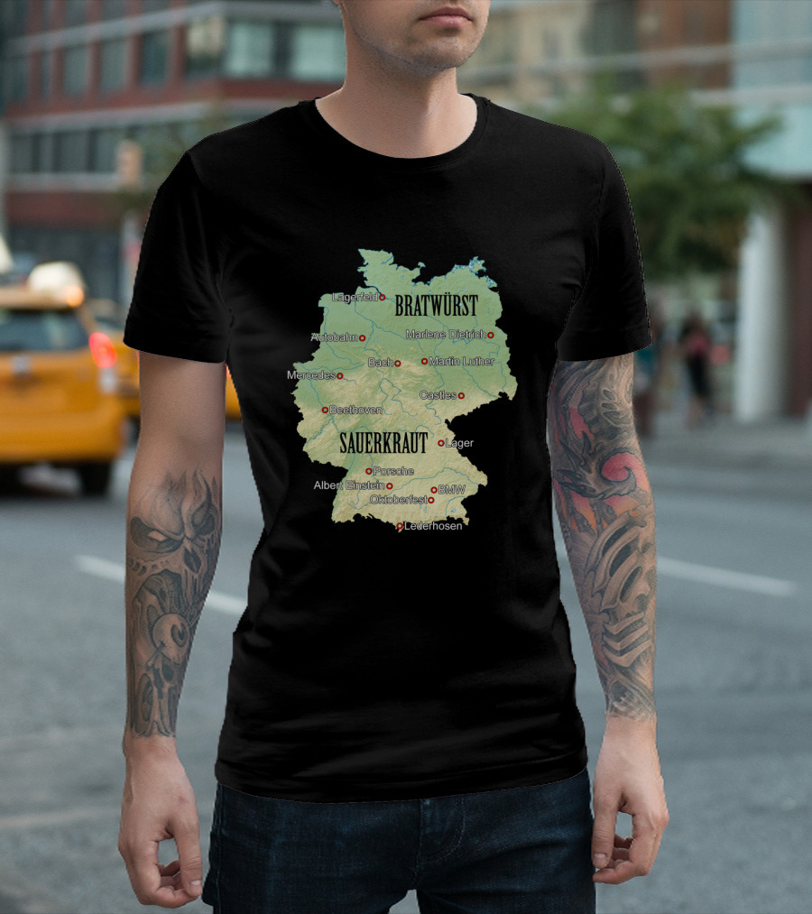 Germany Map Icons Bratwurst Sauerkraut Mercedes Beethoven BMW Oktoberfest Lederhosen T-Shirt