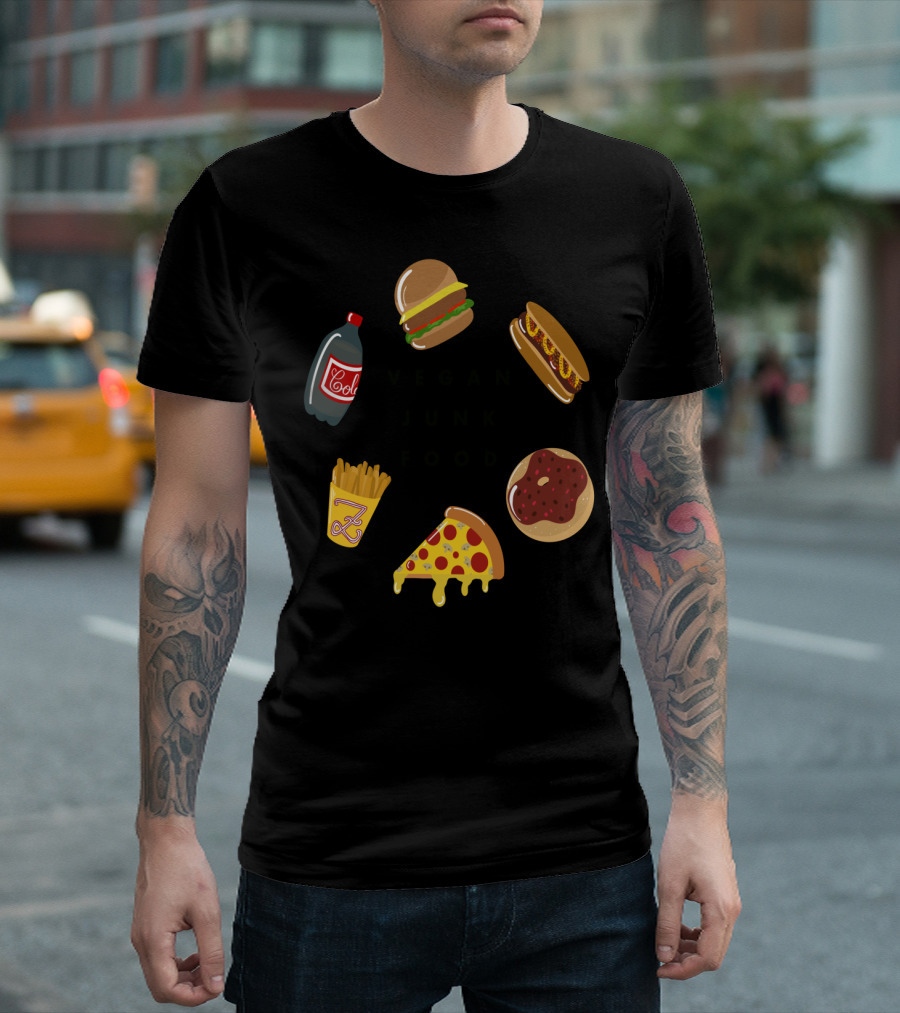 Vegan Junk Food Ketchup Burger Fries Cola Pizza Donut Hot Dog Fun T-Shirt
