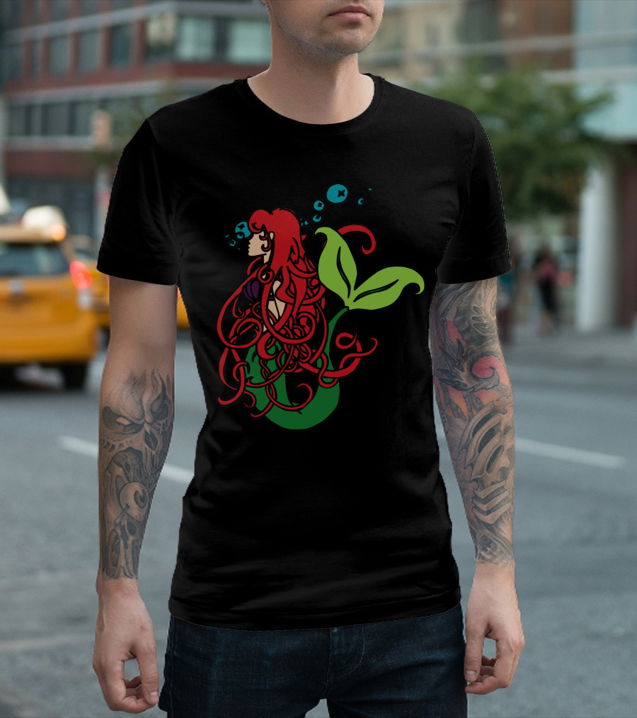 Mermaid with Flowing Red Hair and Green Tail Surrounded by Bubbles T-Shirt