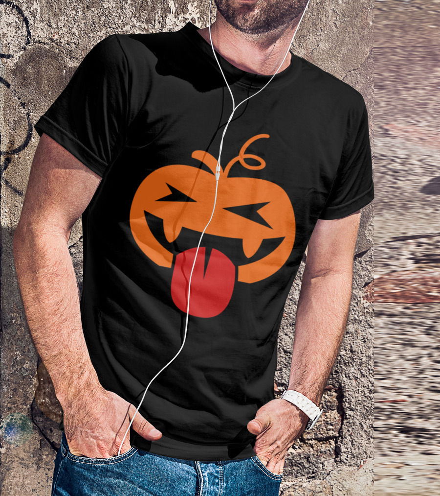 Halloween Crazy Tongue Lickin Pumpkin Face With Bold Expression T-Shirt