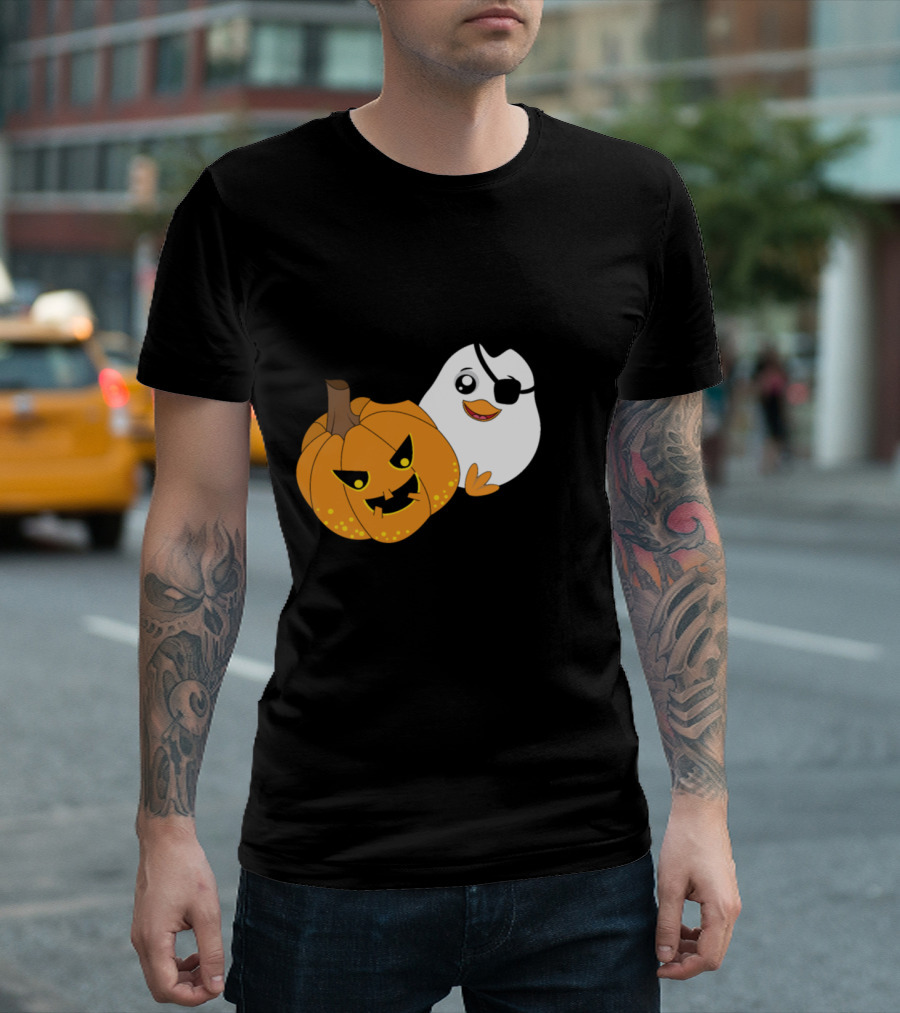 Penguin Pirate and Halloween Pumpkin Cartoon T-Shirt