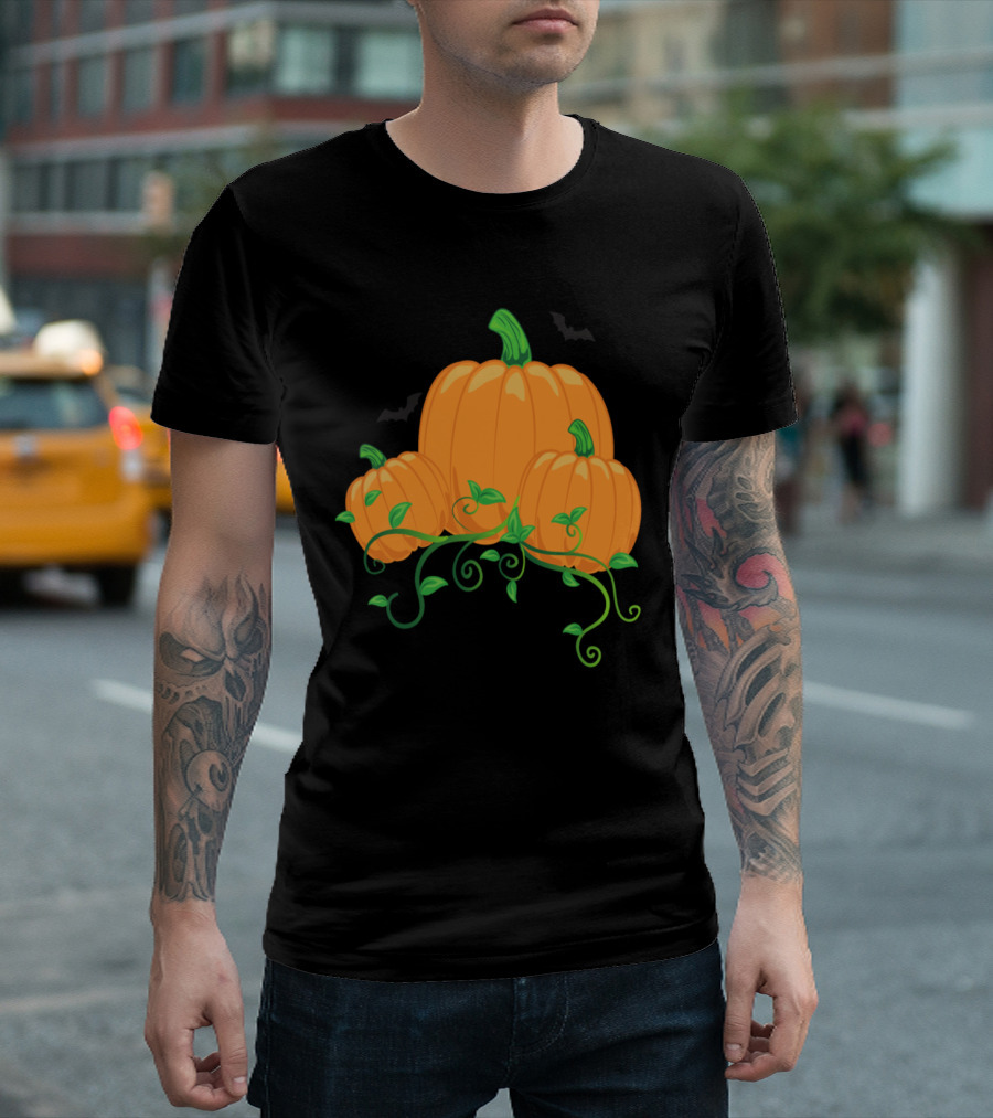 Trio Of Pumpkins With Green Vines And Subtle Bat Accents T-Shirt