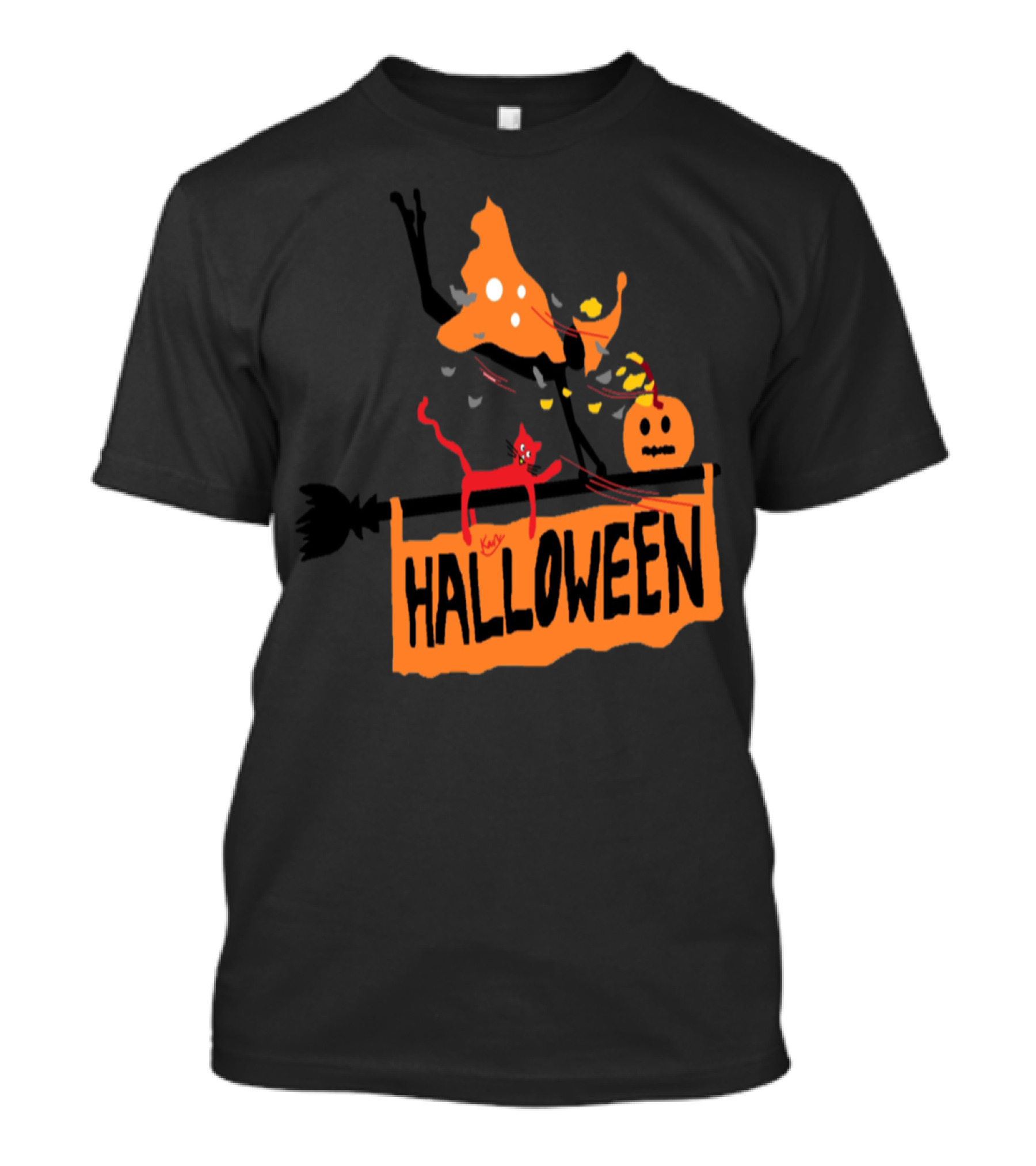 Halloween Black Cat Windy Witch Hat Pumpkin T-Shirt