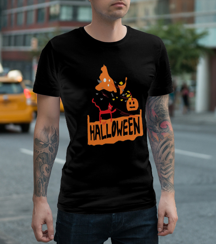 Halloween Black Cat Windy Witch Hat Pumpkin T-Shirt