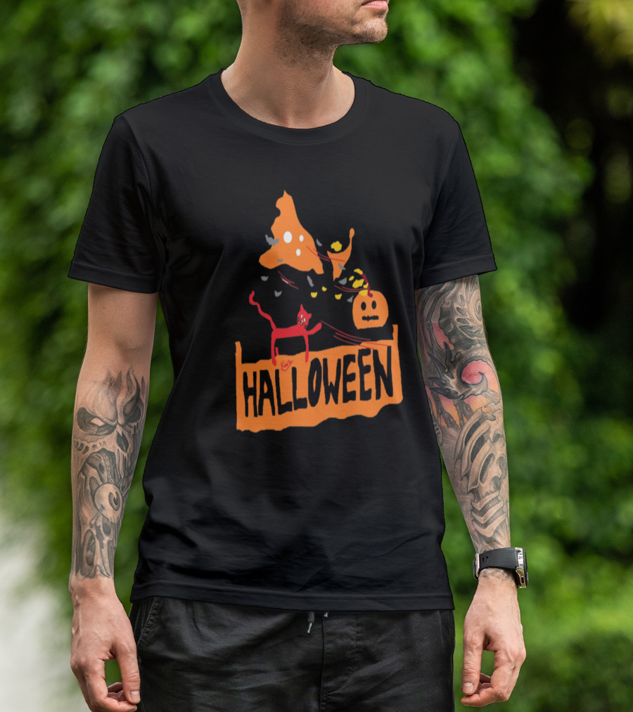 Halloween Black Cat Windy Witch Hat Pumpkin T-Shirt