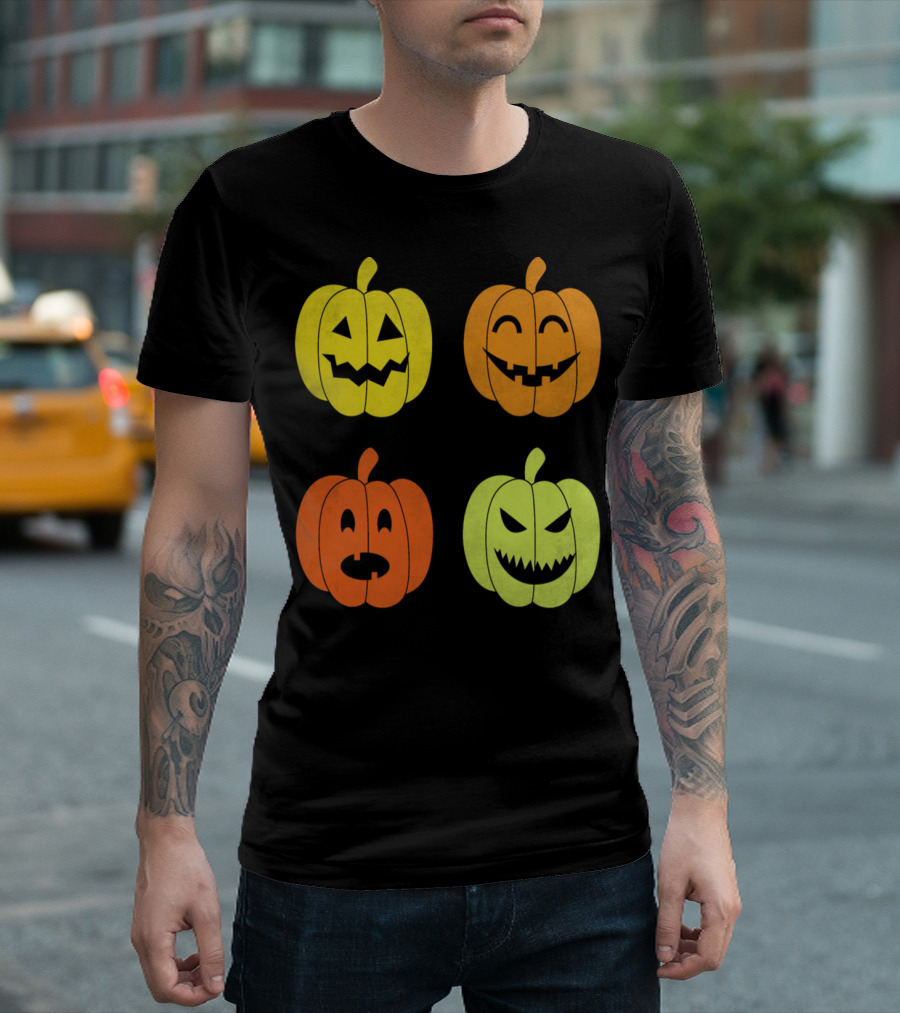 Vibrant Halloween Pumpkin Faces With Spooky Expressions T-Shirt