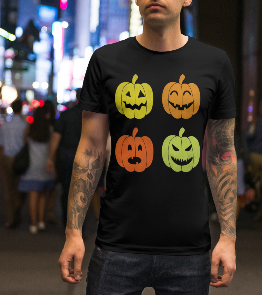 Vibrant Halloween Pumpkin Faces With Spooky Expressions T-Shirt