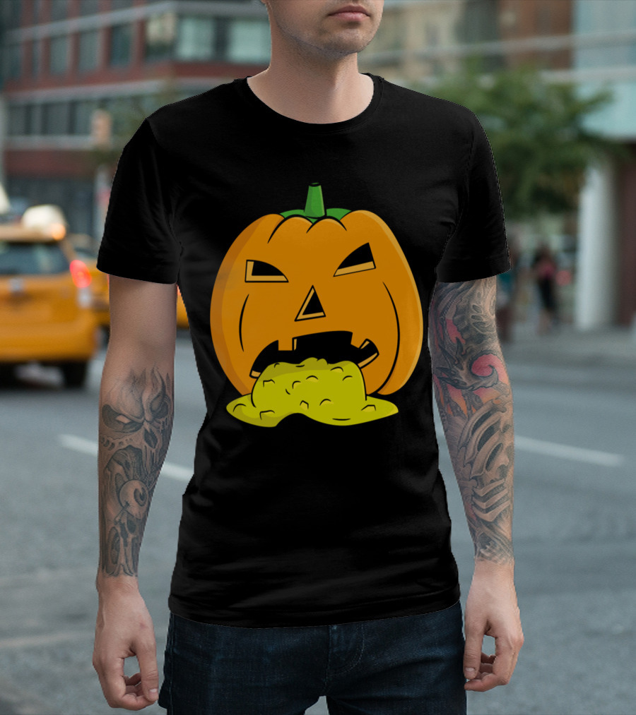 Puking Pumpkin Halloween Jack-O'-Lantern Face With Vomiting Expression T-Shirt