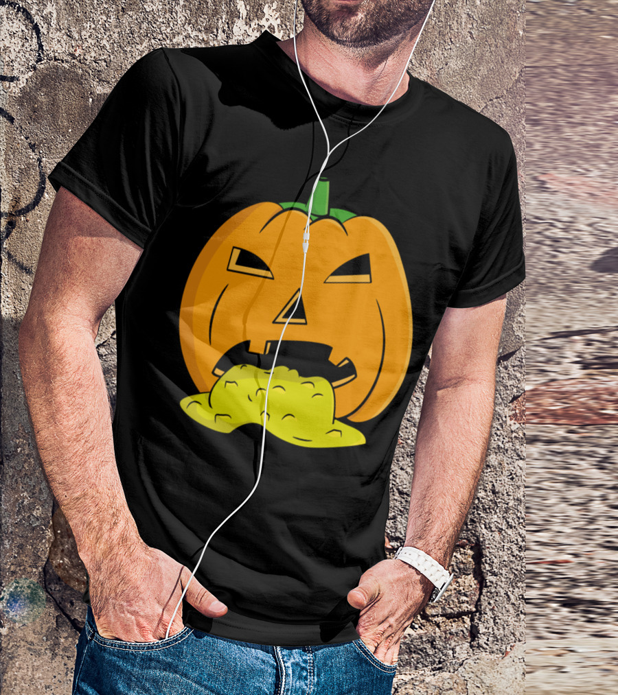 Puking Pumpkin Halloween Jack-O'-Lantern Face With Vomiting Expression T-Shirt