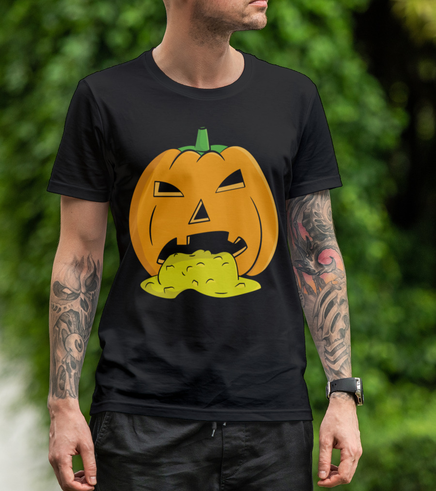Puking Pumpkin Halloween Jack-O'-Lantern Face With Vomiting Expression T-Shirt