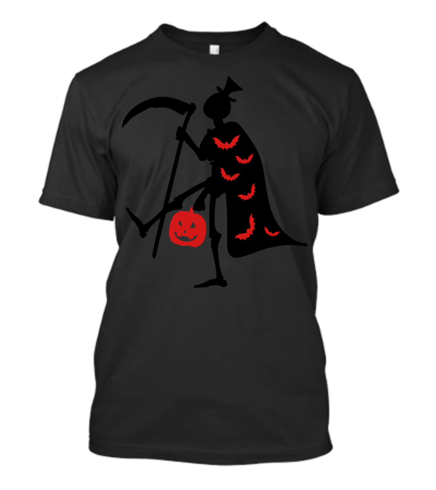 Skeleton Reaper With Pumpkin And Red Bat Cloak T-Shirt