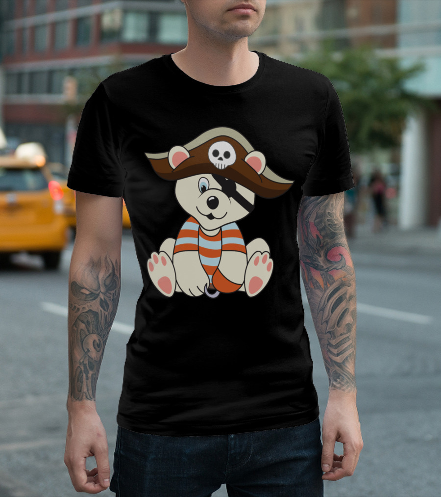 Halloween Polar Bear Pirate with Eye Patch and Skull Hat T-Shirt