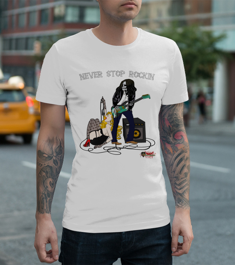 Never Stop Rockin Jamming Skeleton Brunette T-Shirt