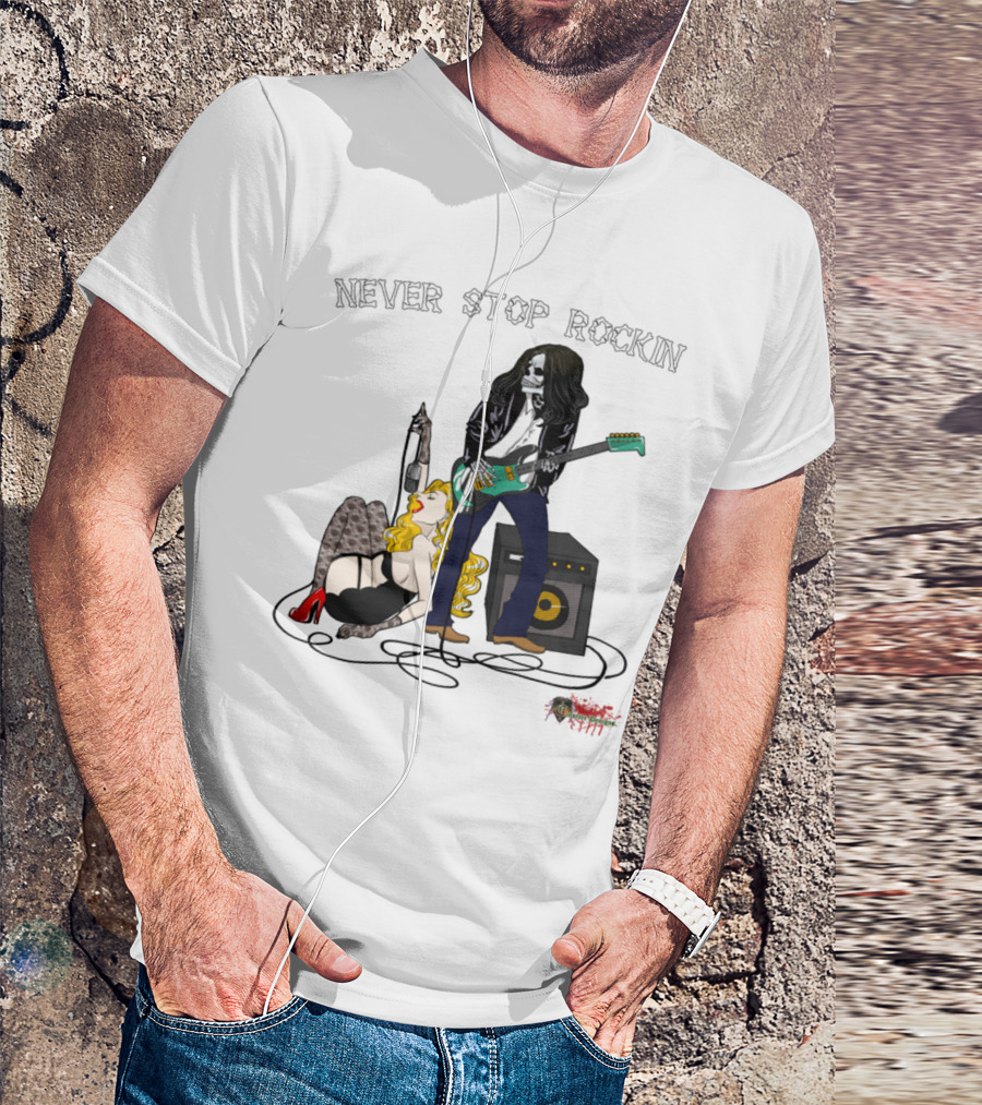 Never Stop Rockin Jamming Skeleton Brunette T-Shirt