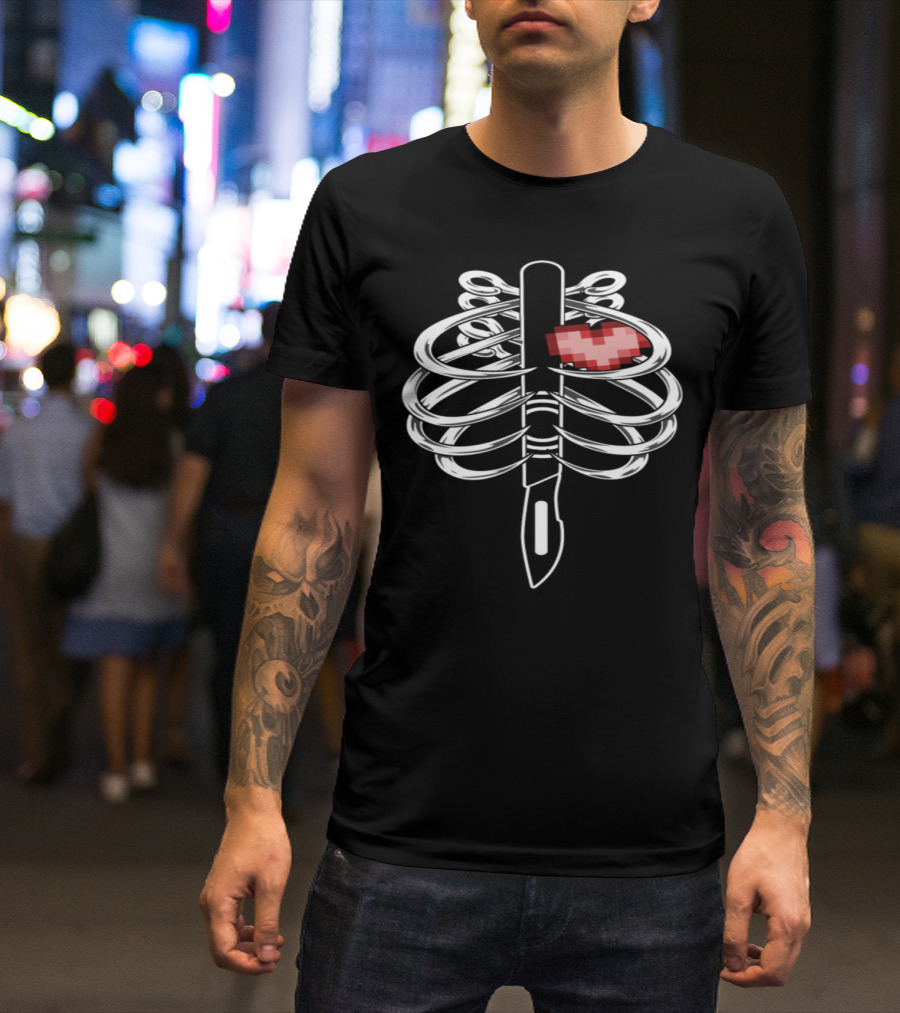 Suspension Rib Cage With Pixel Heart Dagger T-Shirt