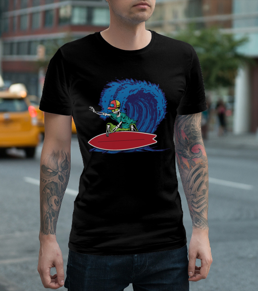 Surfing Skeleton Riding Waves on Red Surfboard T-Shirt
