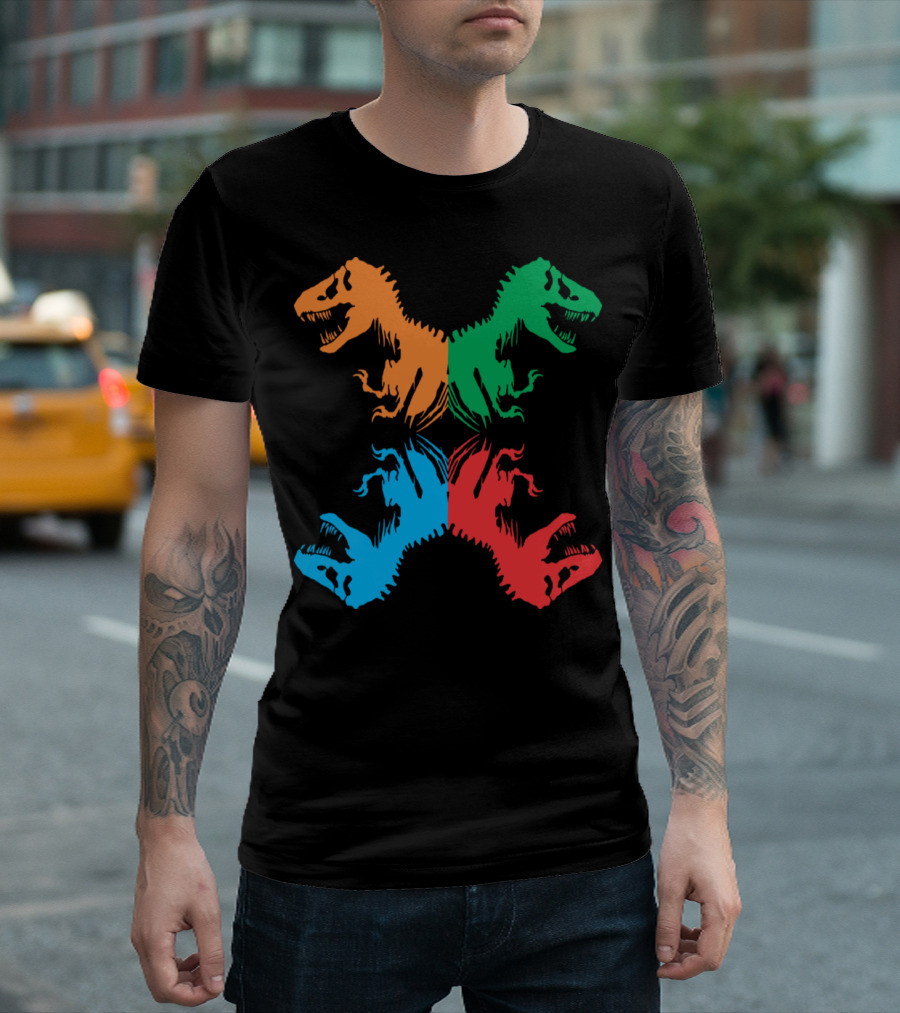 Multicolor Dinosaur Skeleton Pop Art Quadrant T-Shirt