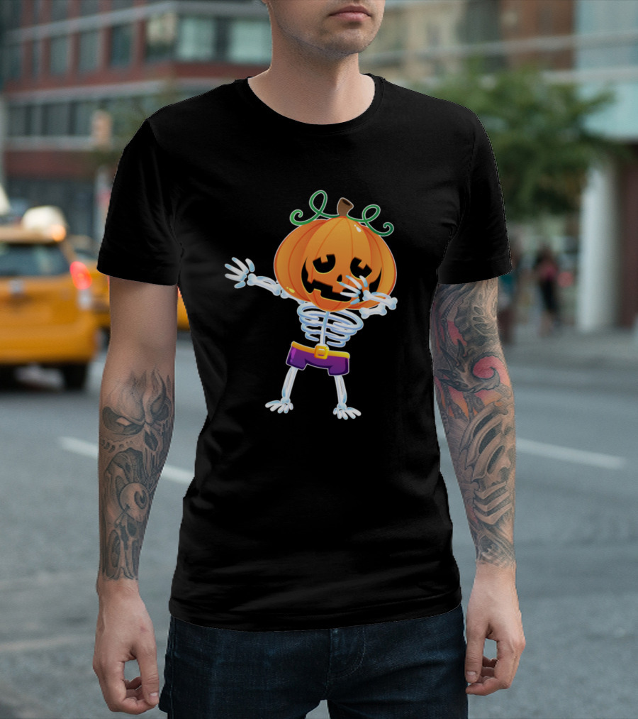 Halloween Skeleton Dabbing Pumpkin Head T-Shirt
