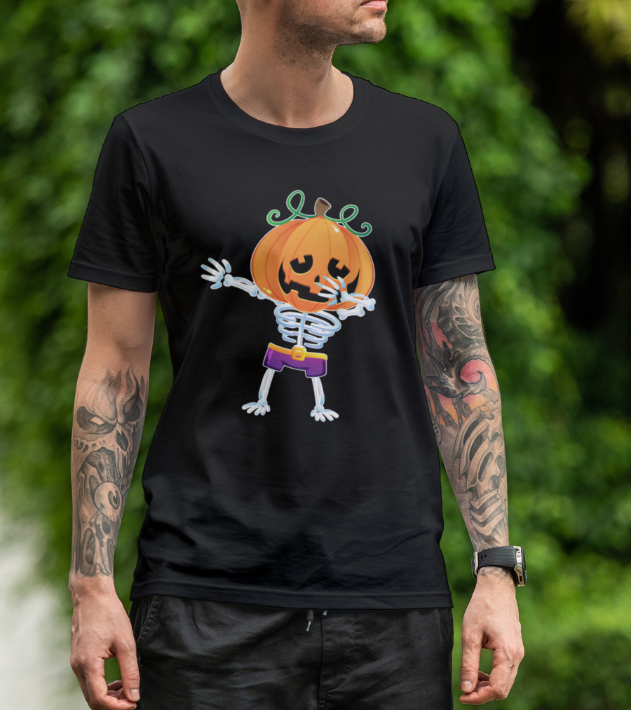 Halloween Skeleton Dabbing Pumpkin Head T-Shirt