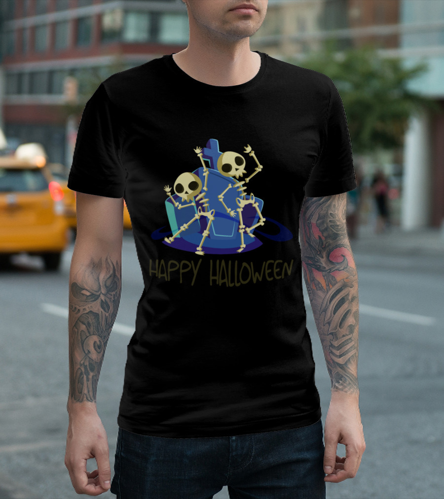 Happy Halloween Dancing Skeletons Tombstone T-Shirt
