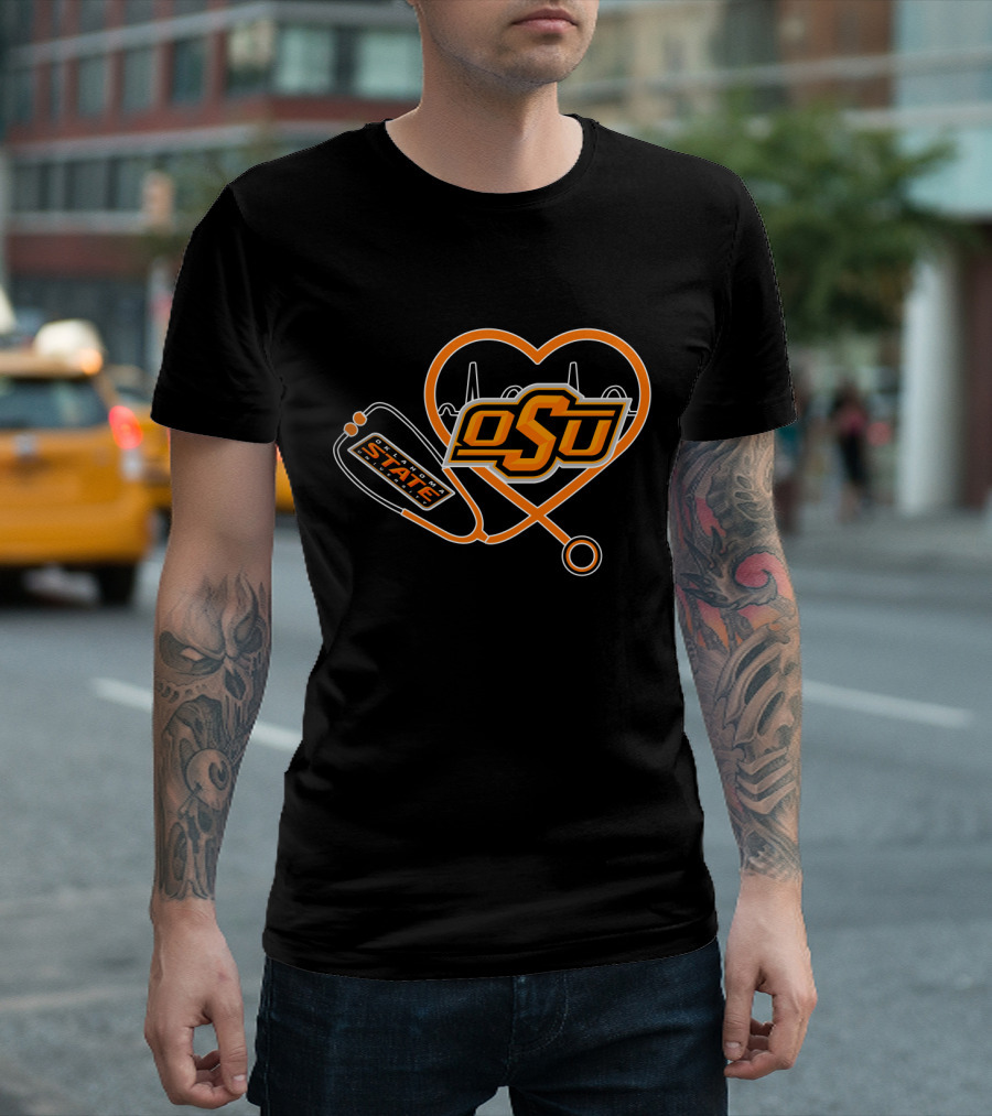 OSU Oklahoma State Cowboys Heartbeat Stethoscope T-Shirt